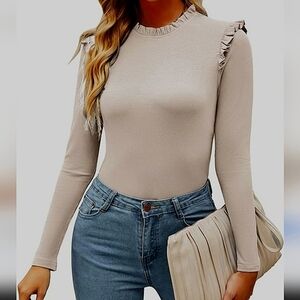 Le Lis Casual Ribbed Long Sleeve Knit Bodysuit W Ruffles
